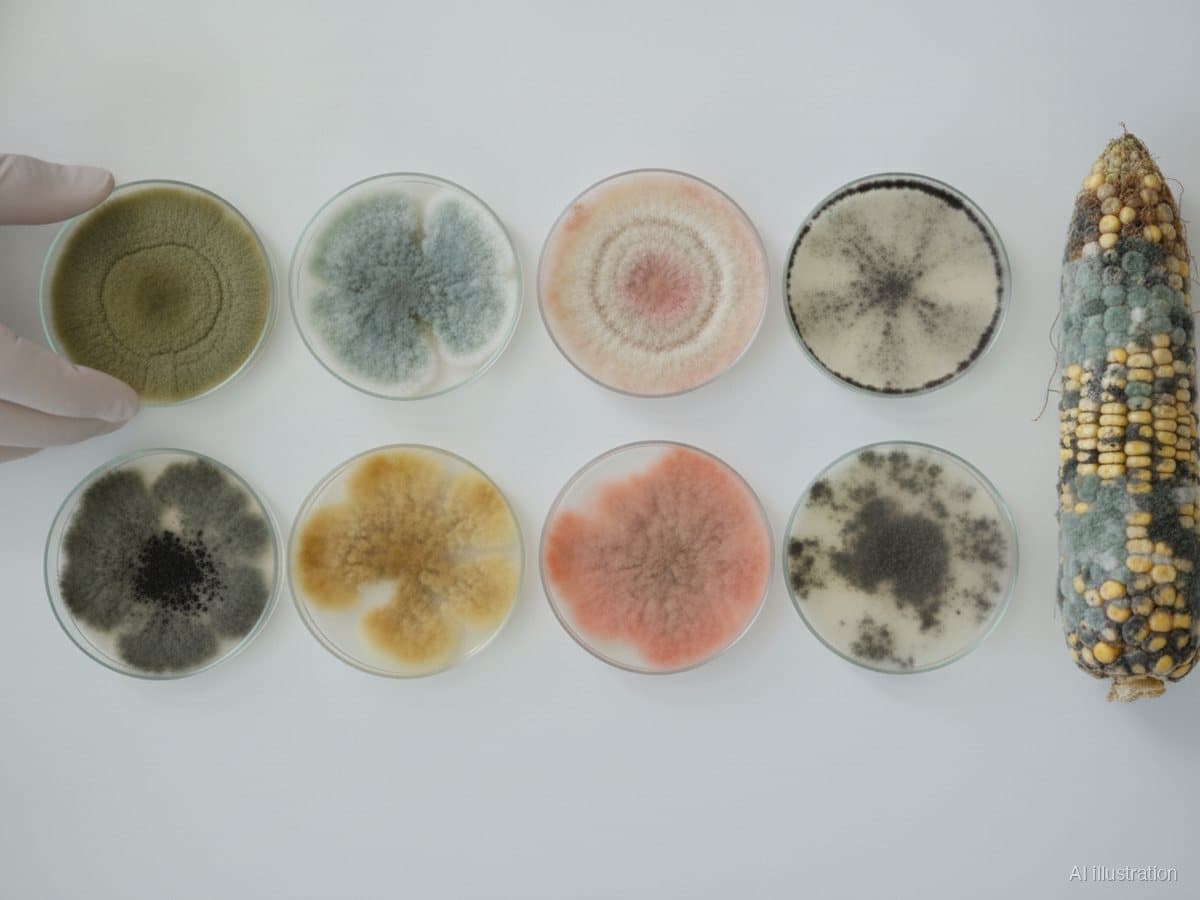 An array of petri dishes with Aspergillus, Penicillium, Fusarium and Alternaria colonies in greens, yellows, pinks and greys, beside a mouldy maize cob (illustration)