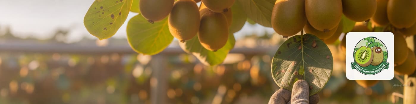 Gold and brown kiwifruit hanging under a pergola canopy in a South African orchard (illustration)