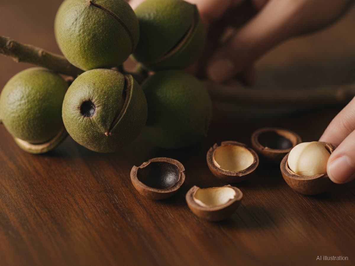 Macadamia nuts in green husks on a branch and several cracked shells showing cream kernels, one nut with a stink-bug puncture mark (illustration)