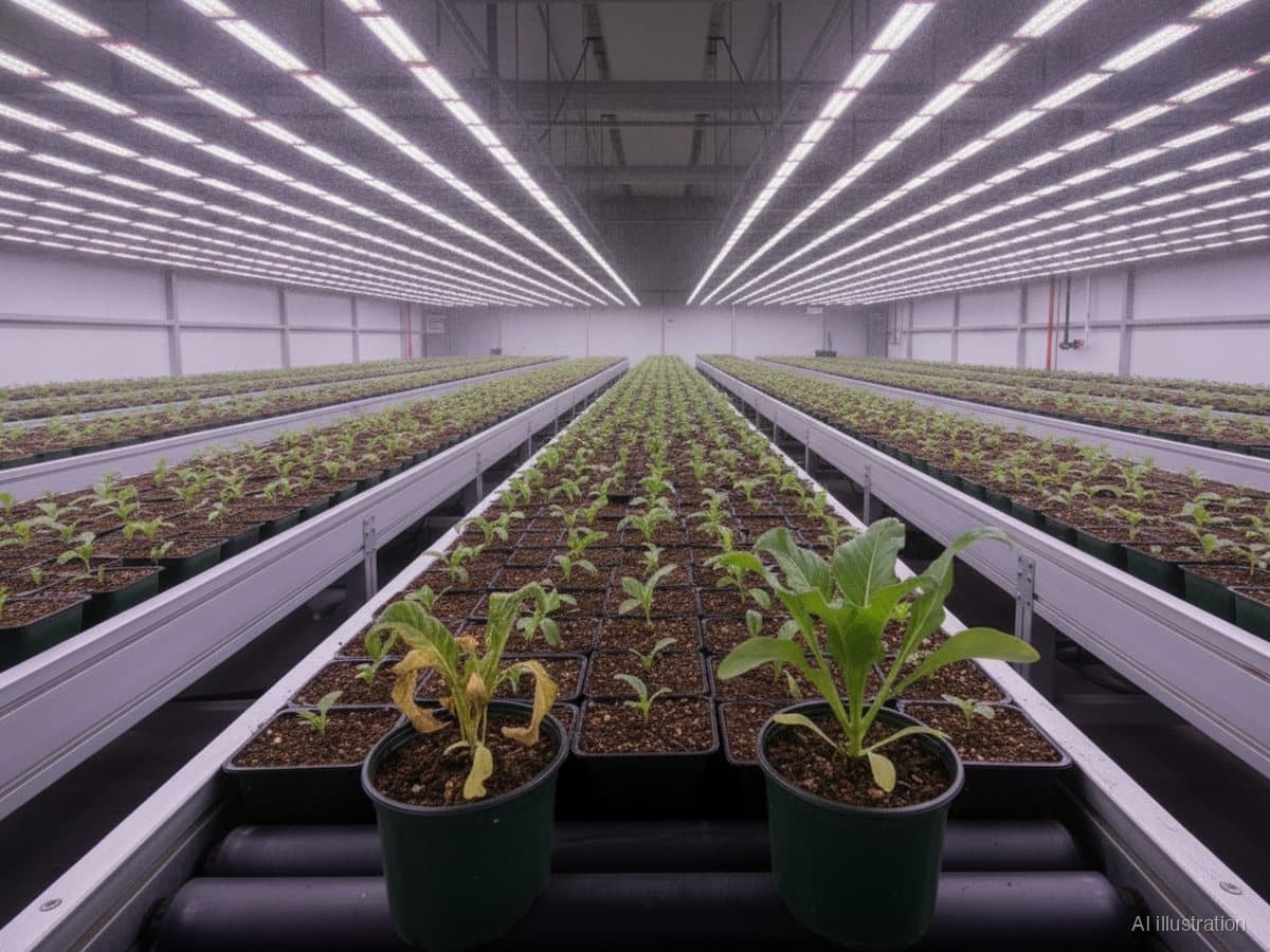 Rows of young crop plants in pots on conveyor benches under LED arrays, one drought-stressed plant beside a healthy one (illustration)
