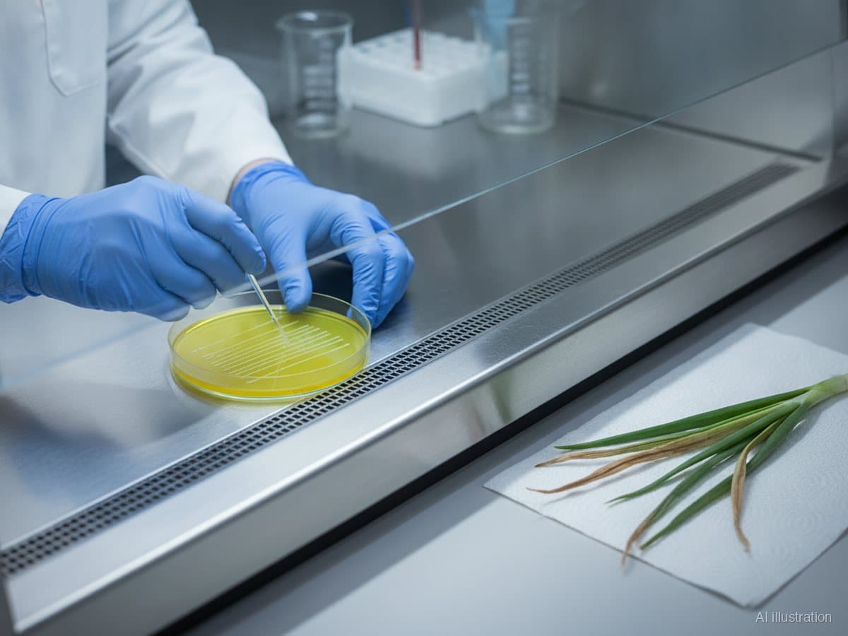 Gloved hands streaking bacteria on a yellow agar plate in a laminar-flow cabinet, onion leaves with blight streaks on the bench (illustration)