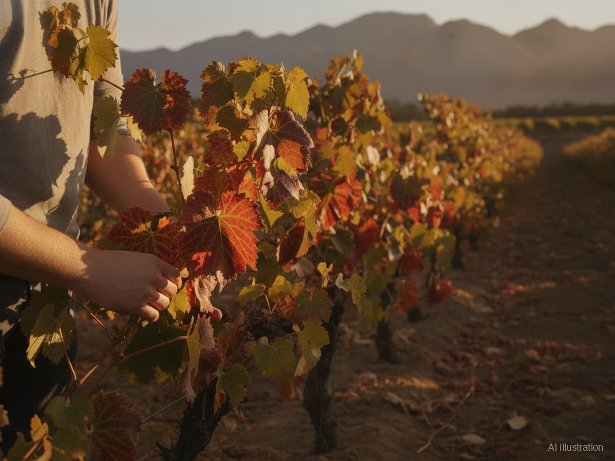 Grapevine leaves turned red between green veins from leafroll disease on a vine row (illustration)