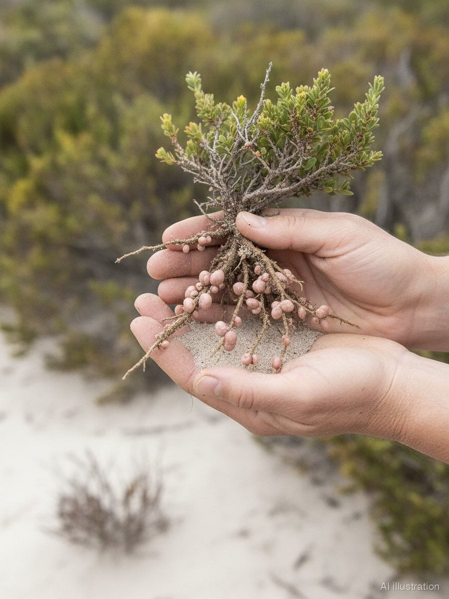 Hands holding a fynbos legume with root nodules on its roots (illustration)