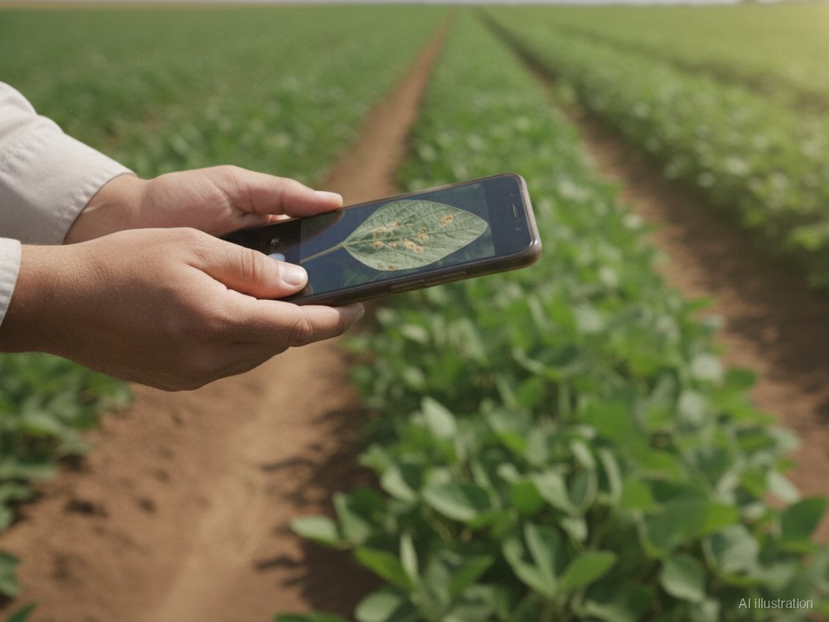 A smartphone held over a soybean leaf capturing it for disease detection, rows of soybean in a South African field (illustration)