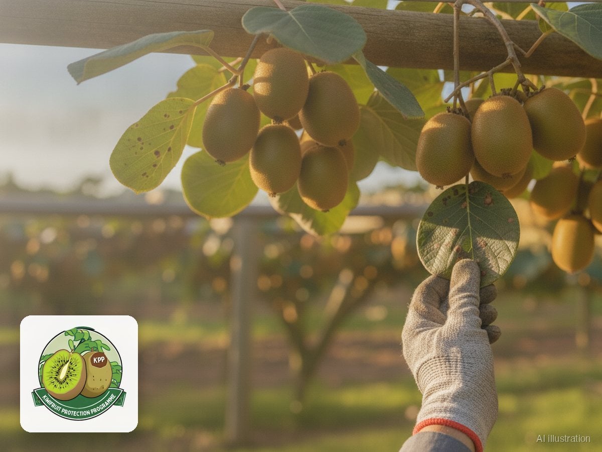 Gold and brown kiwifruit hanging under a pergola canopy in a South African orchard (illustration)