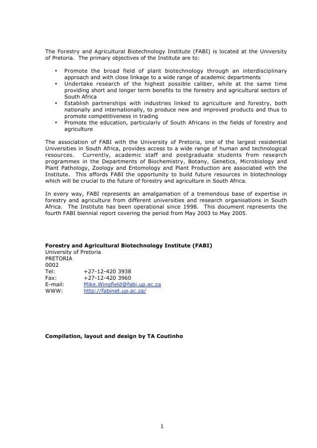 Cover of the FABI Biennial Report 2003–2004