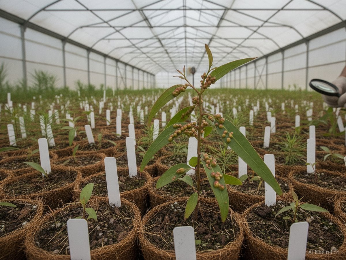 Young eucalyptus and pine seedlings in a resistance trial, labelled pots, a eucalyptus shoot with gall-wasp galls in focus (illustration)
