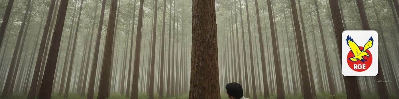 Tall straight eucalyptus and acacia plantation rows in Sumatra, a researcher from behind with a field notebook at the base of a trunk (illustration)