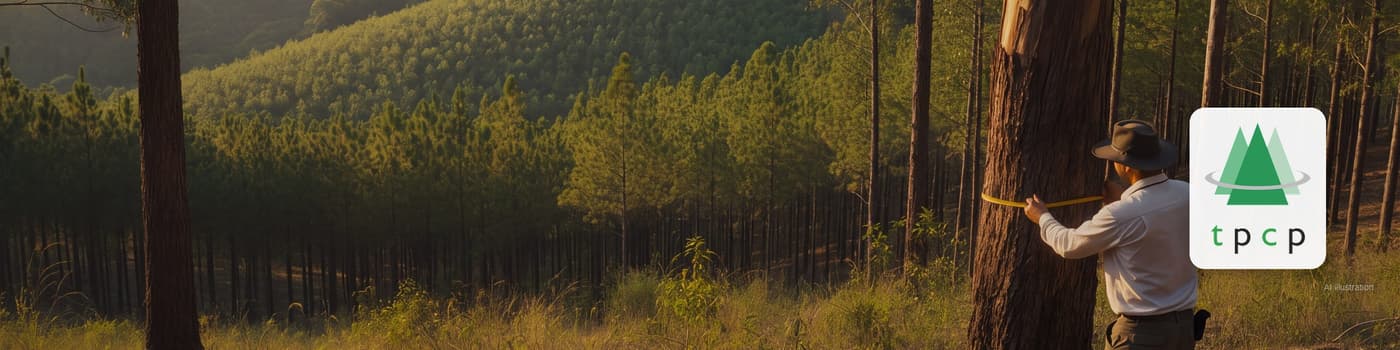 A Mpumalanga pine and eucalyptus plantation on rolling hills, a forester from behind measuring a trunk with a diameter tape (illustration)